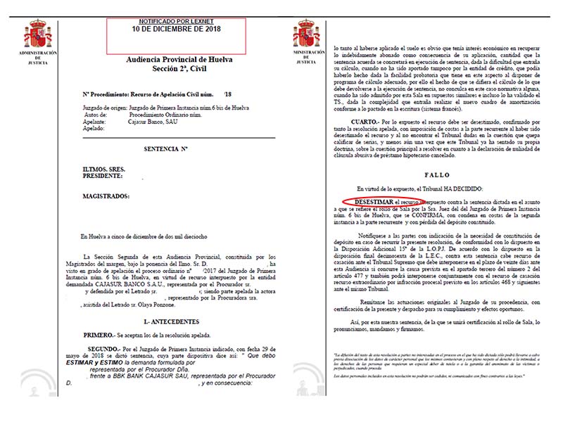 Audiencia Provincial Huelva desestima recurso de BBK CAJASUR y anula cláusula suelo sobre préstamo cancelado
